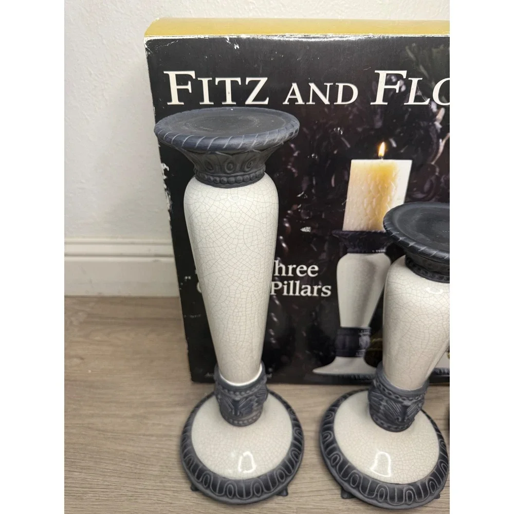 Fitz‎ and Floyd Ceramic Candle Pillar 3 Pc Set Black White Home Decor
